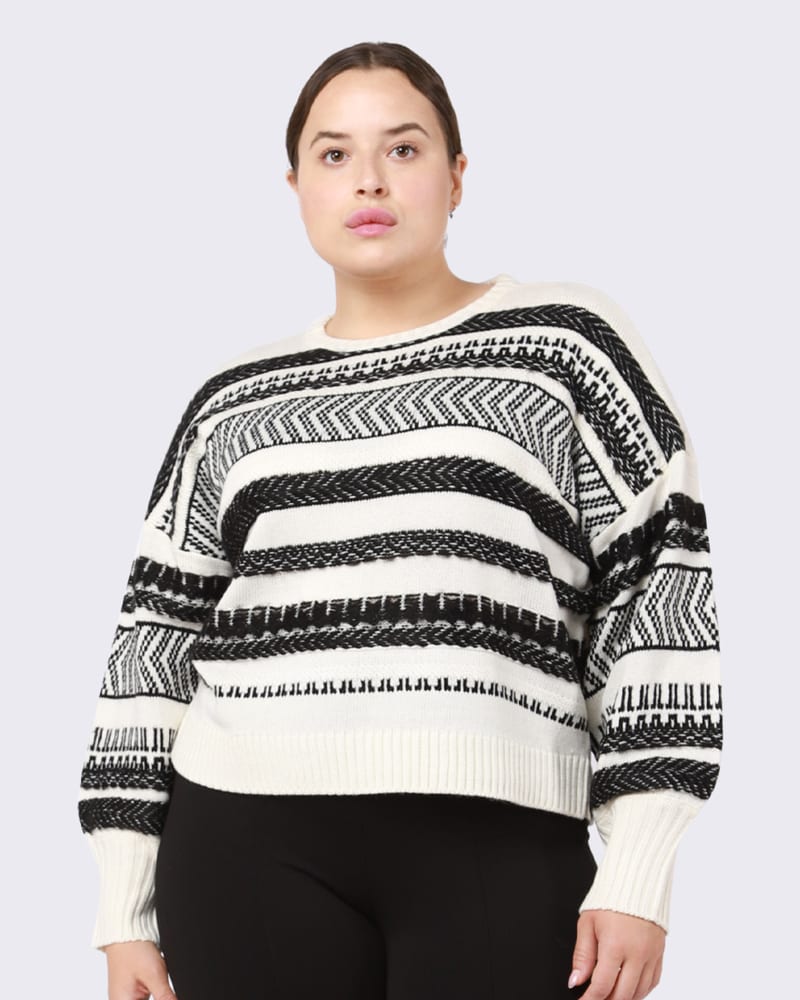 Front of a model wearing a size 0X Arleth Herringbone Stripe Sweater in Black / White by DEX PLUS. | dia_product_style_image_id:235528
